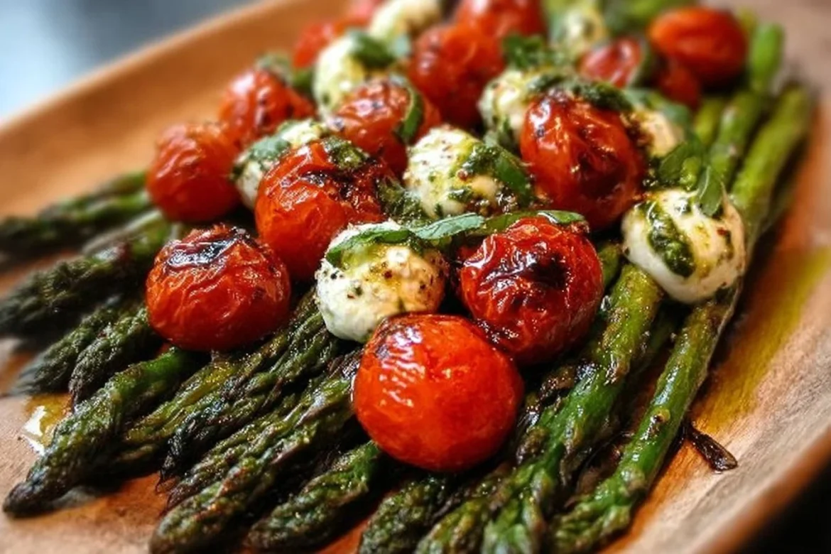 Plate of Caprese roasted asparagus garnished with tomatoes and mozzarella