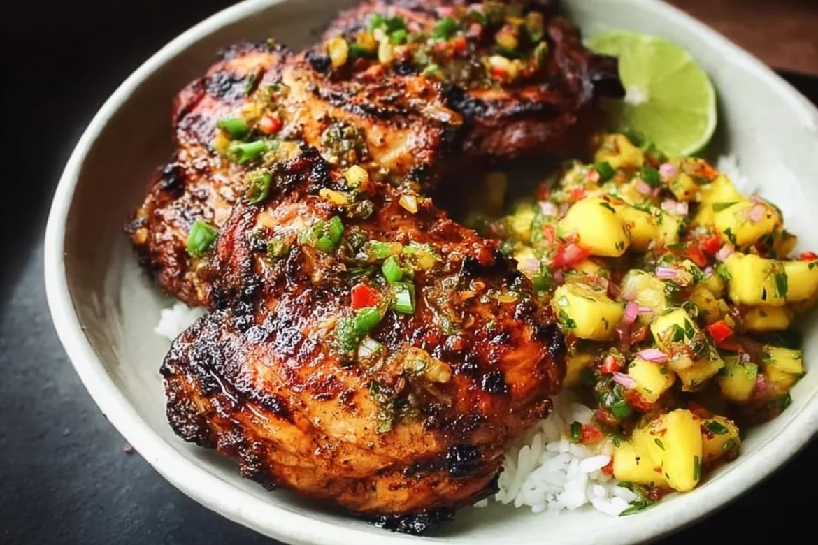 Caribbean jerk chicken served with pineapple salsa on a colorful plate.