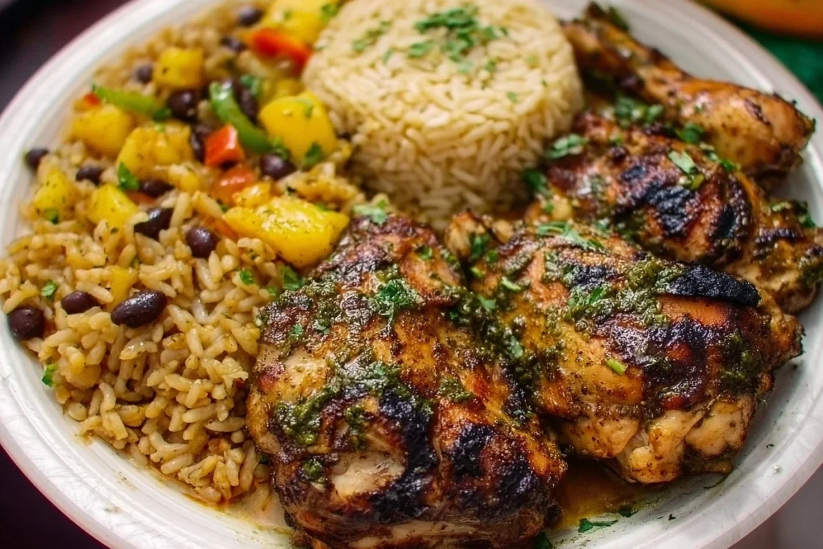Plate of Caribbean jerk chicken served with rice and colorful vegetables.