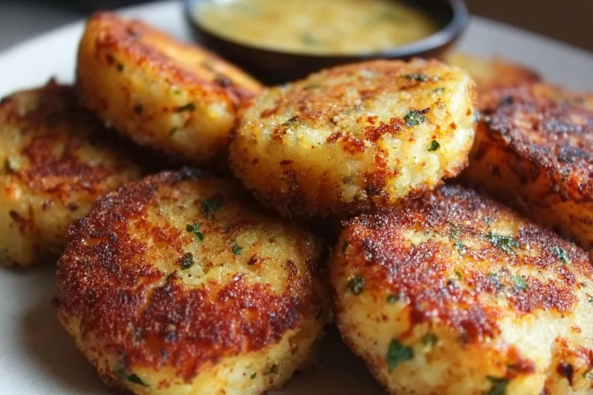 Caribbean Yucca Cakes with garlic-lime mojo on a plate