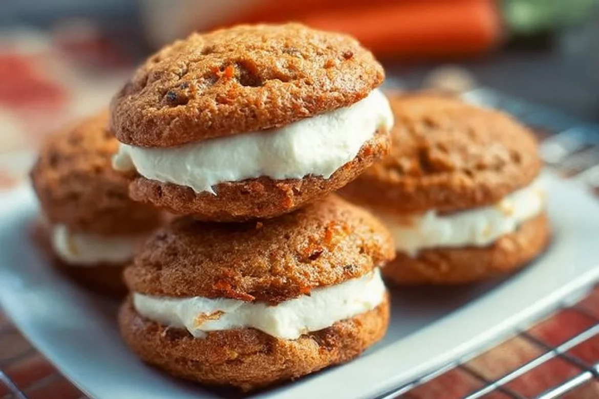 Carrot cake whoopie pies with cream cheese filling on a plate