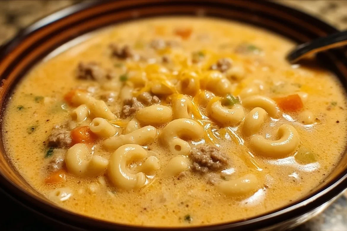 A bowl of creamy Cheeseburger Macaroni Soup garnished with fresh herbs.