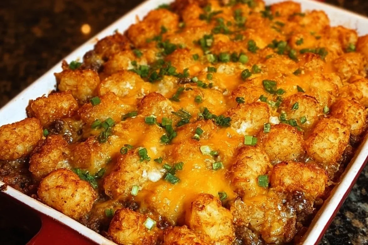 Delicious Cheeseburger Tater Tot Casserole served in a baking dish