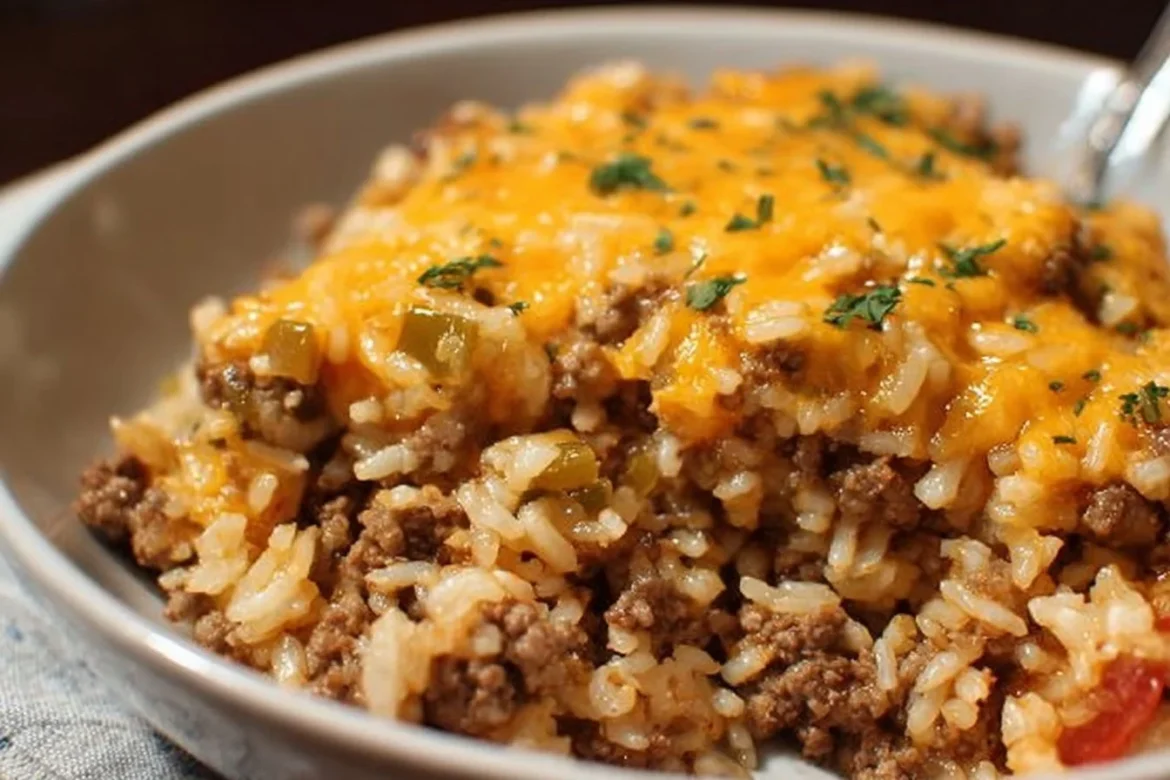 Cheesy ground beef and rice casserole baked to perfection in a vibrant dish.