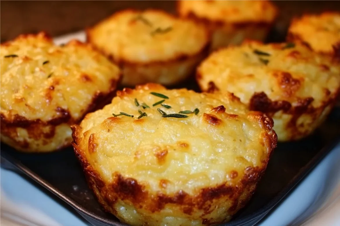Cheesy mashed potato muffins served on a plate garnished with herbs
