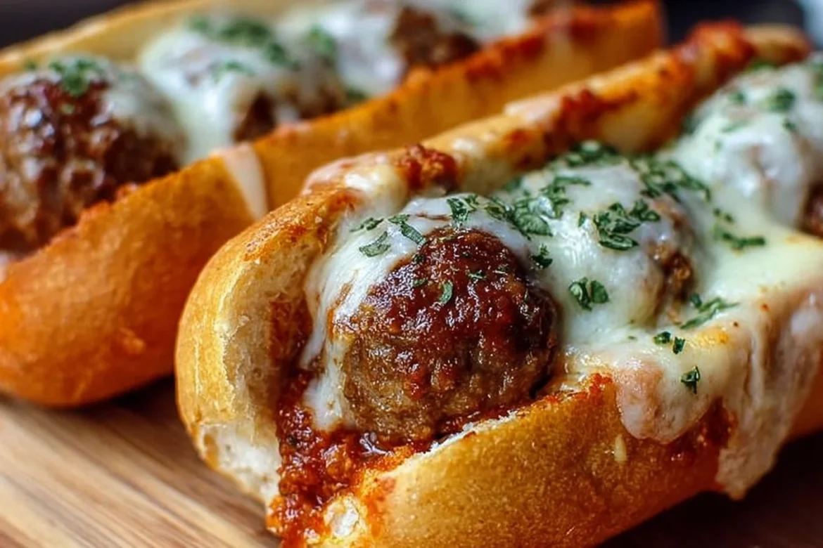 Cheesy meatball subs served with melted cheese and marinara sauce