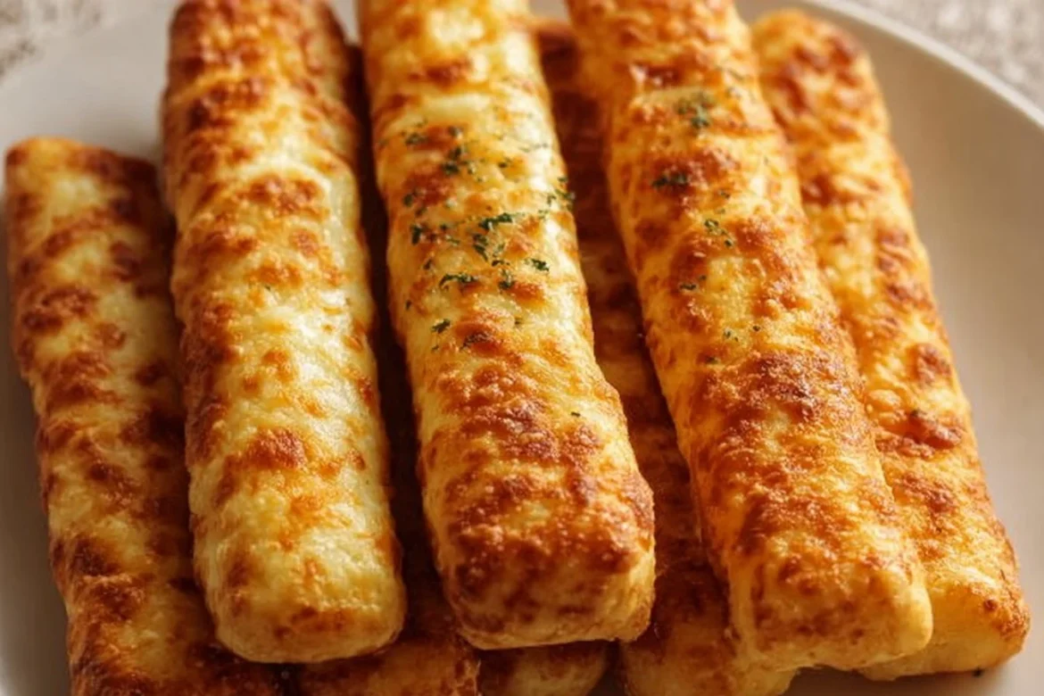 Cheesy taco sticks served with dipping sauce on a plate