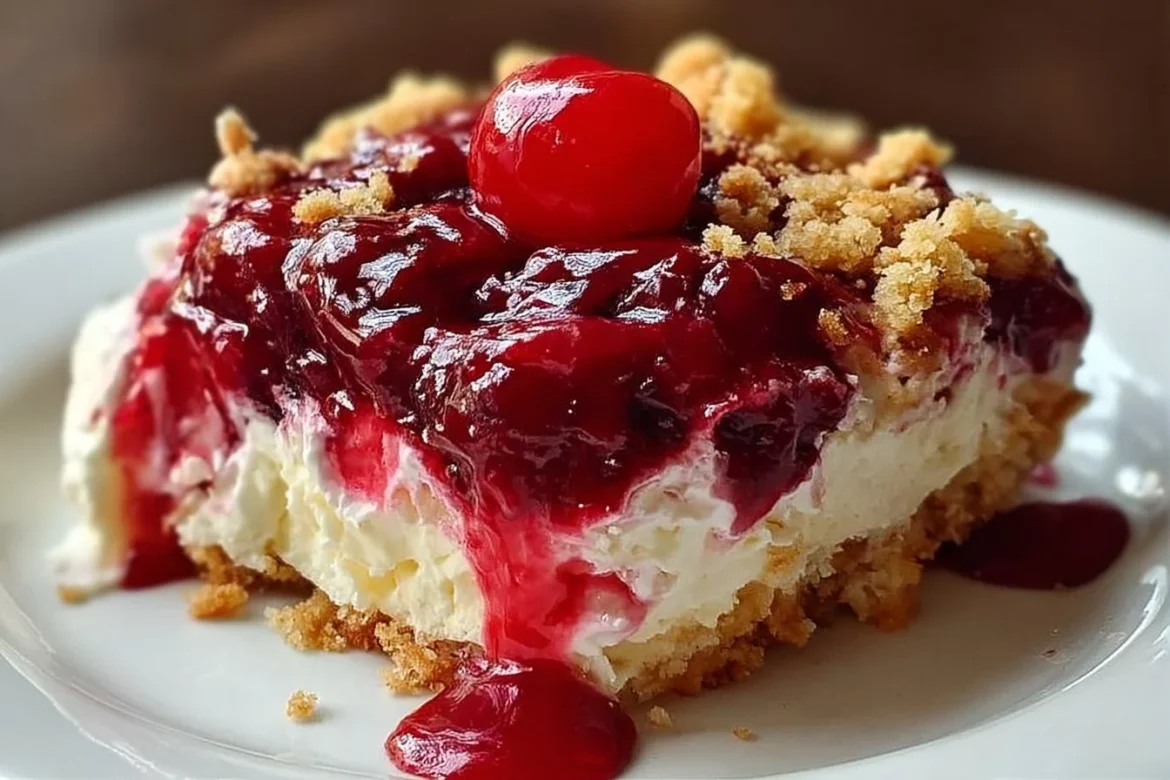 Delicious slice of cherry cheesecake dump cake topped with cherries