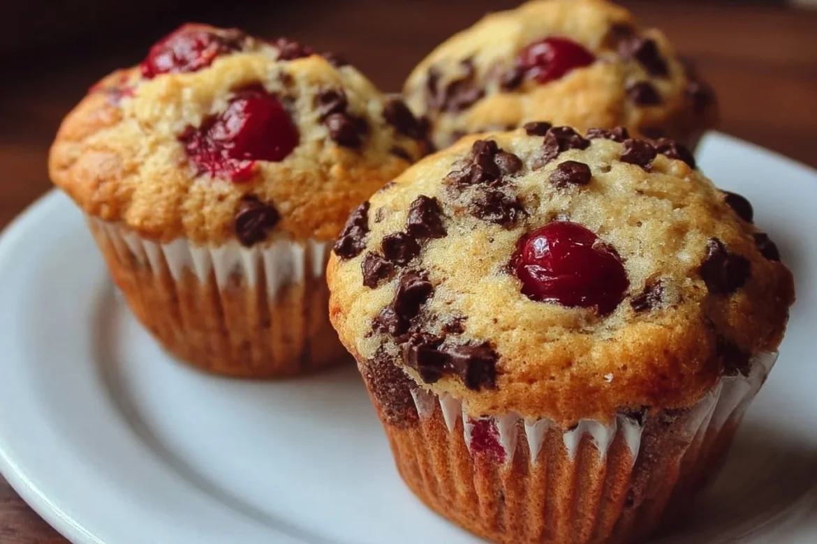 Freshly baked cherry chocolate chip muffins on a cooling rack.