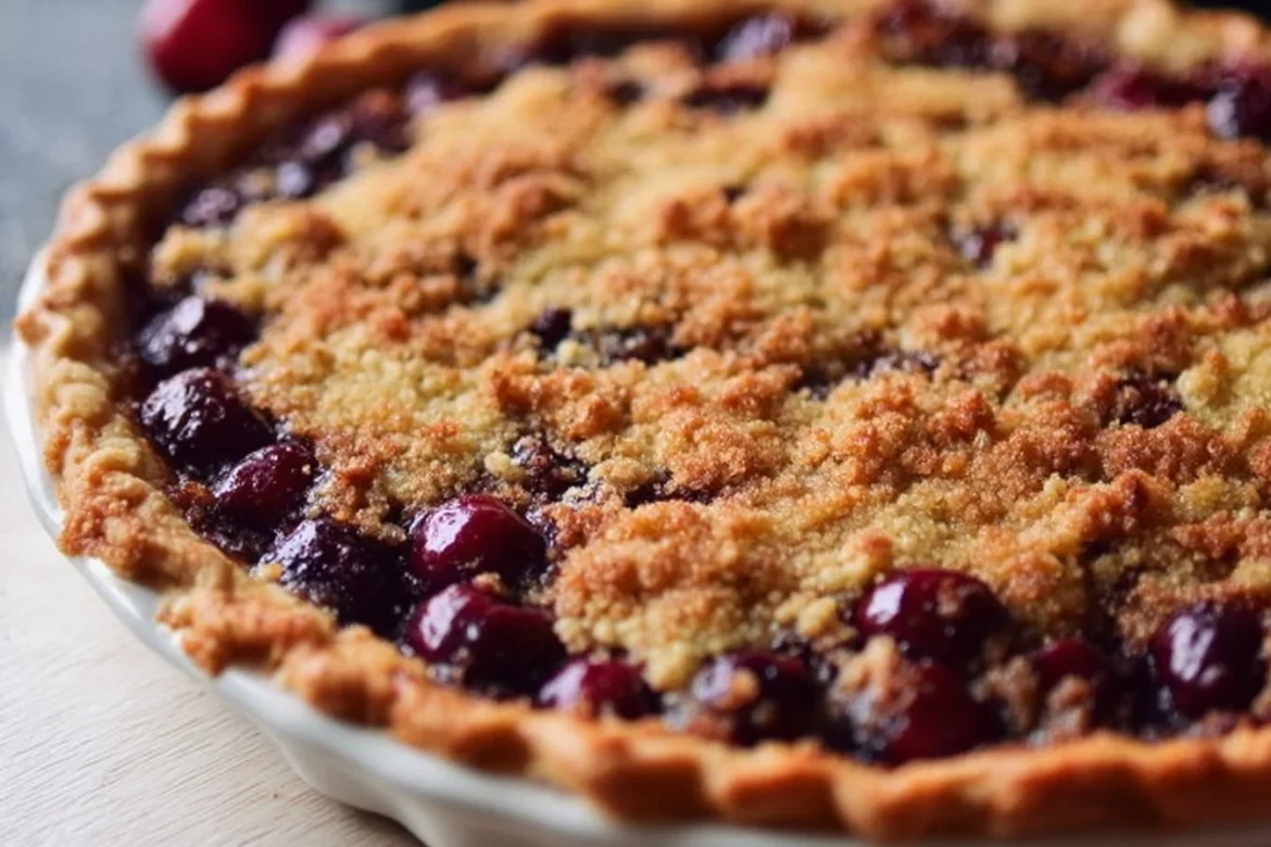 Delicious Cherry Crumb Pie with cherry filling and crumb topping on a plate