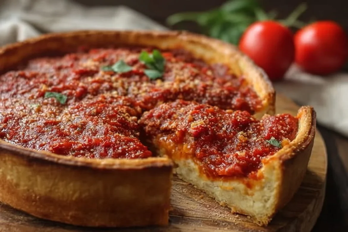 Delicious Chicago style deep dish pizza with cheese and toppings