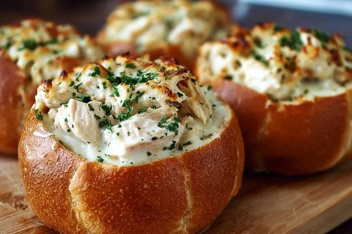 Delicious Chicken Alfredo Garlic Bread Bowls served with creamy sauce and chicken.