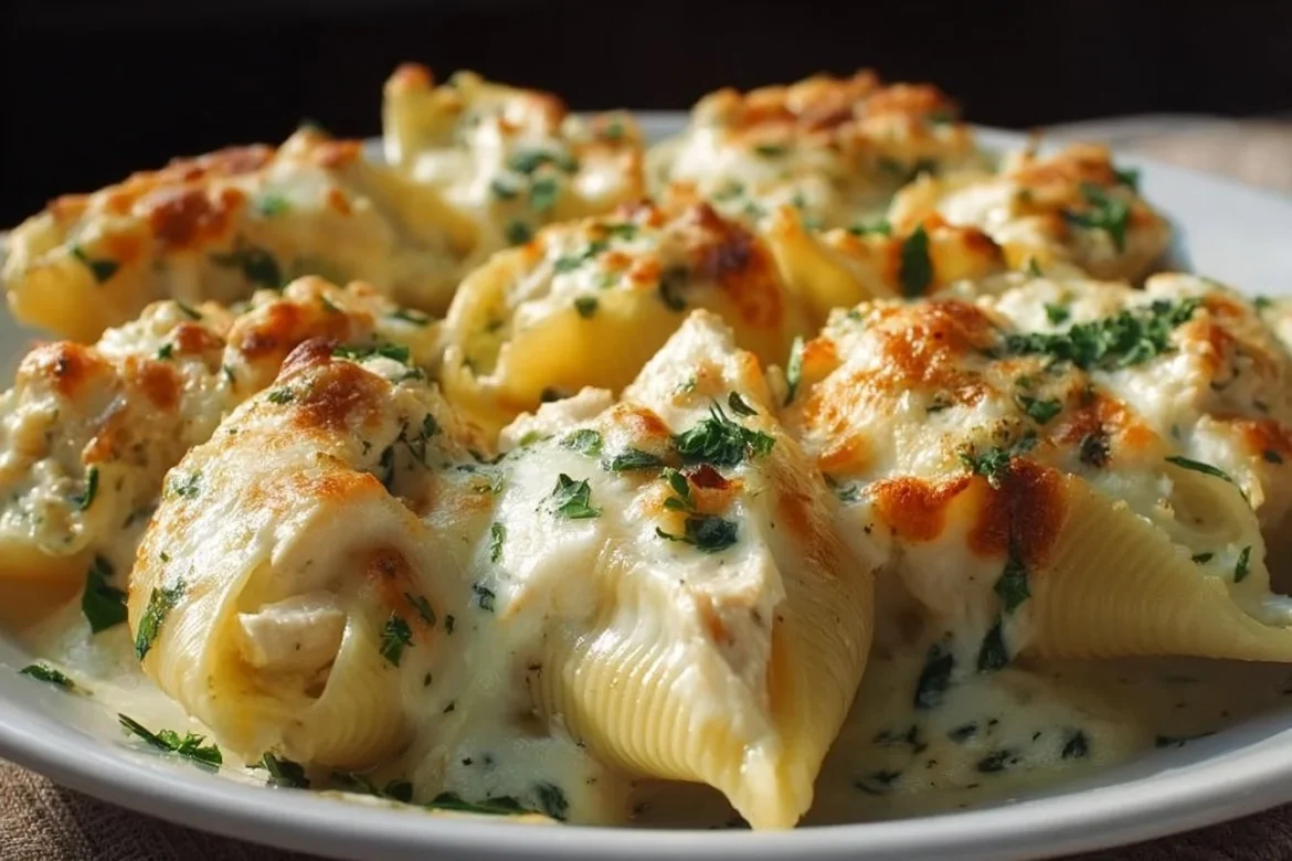 Creamy Chicken Alfredo Stuffed Shells topped with cheese and herbs