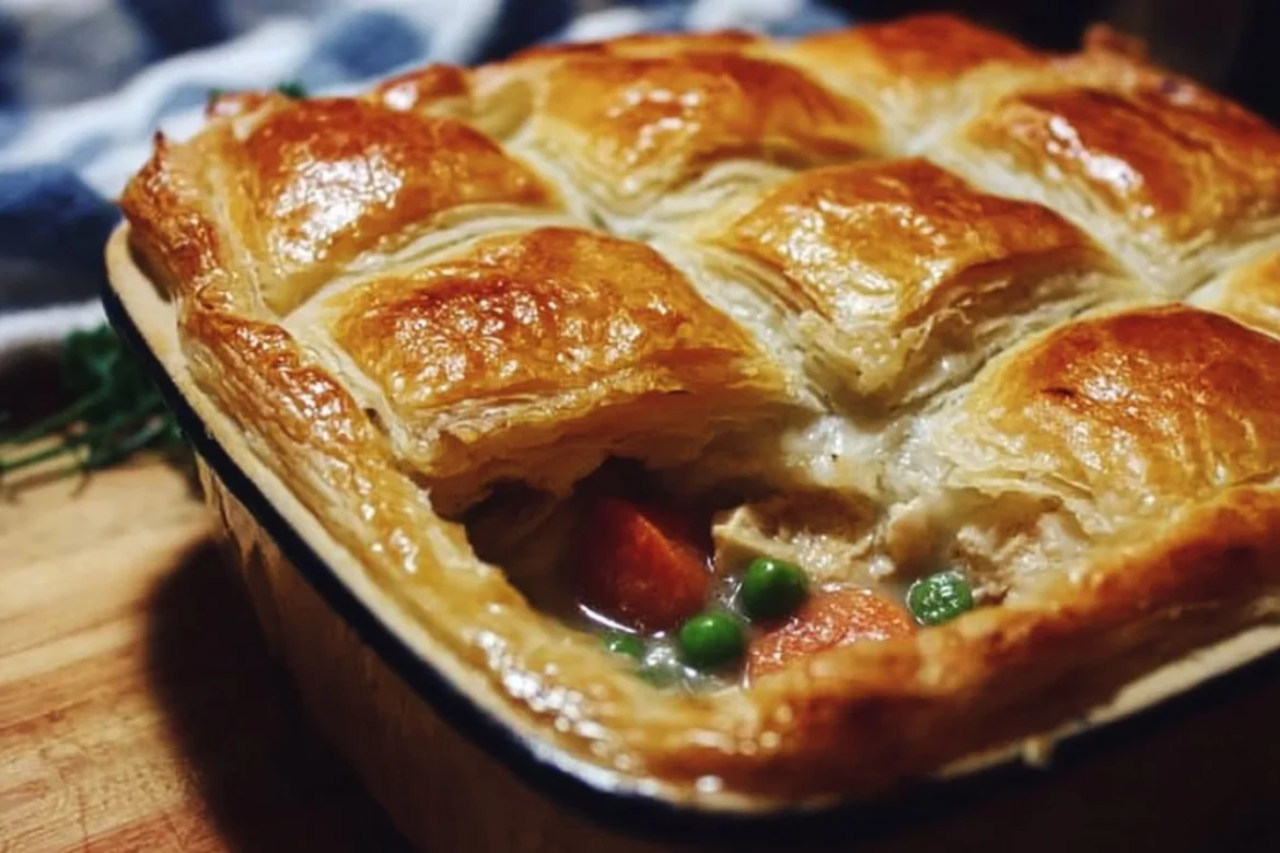 Delicious chicken pot pie recipe topped with flaky puff pastry