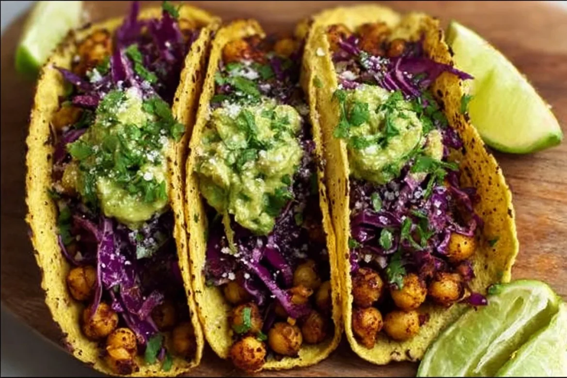 Chickpea tacos with black beans and avocado lime slaw on a plate