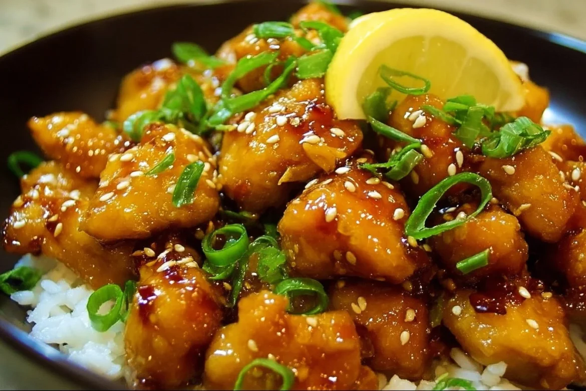 Delicious Chinese Lemon Chicken served with vibrant sauce and garnishes