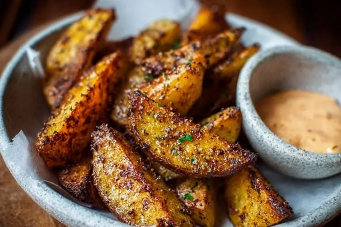 Crispy Chipotle Mayo Roasted Potato Wedges served on a plate