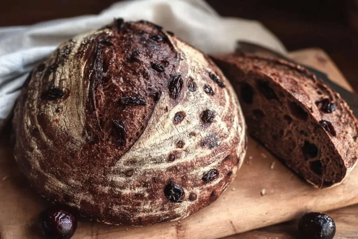 Loaf of Chocolate Cherry Sourdough Bread with chocolate chunks and cherries