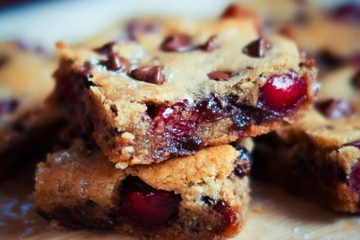 Chocolate chip cherry bars with melted chocolate and fresh cherries