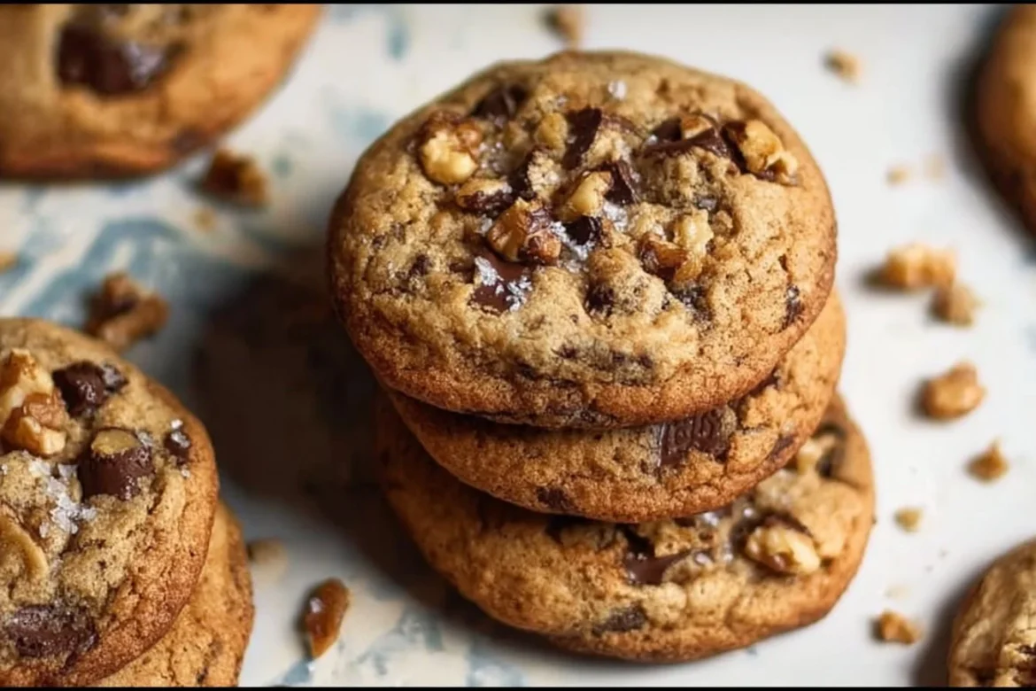 Freshly baked chocolate chip walnut cookies on a plate