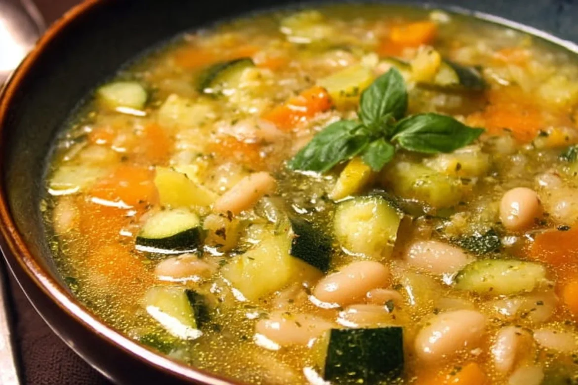 Chunky zucchini soup with white beans in a vibrant bowl, garnished with fresh herbs