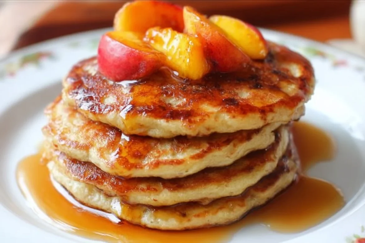 Delicious Cinnamon Peach Pancakes topped with fresh peaches and cinnamon
