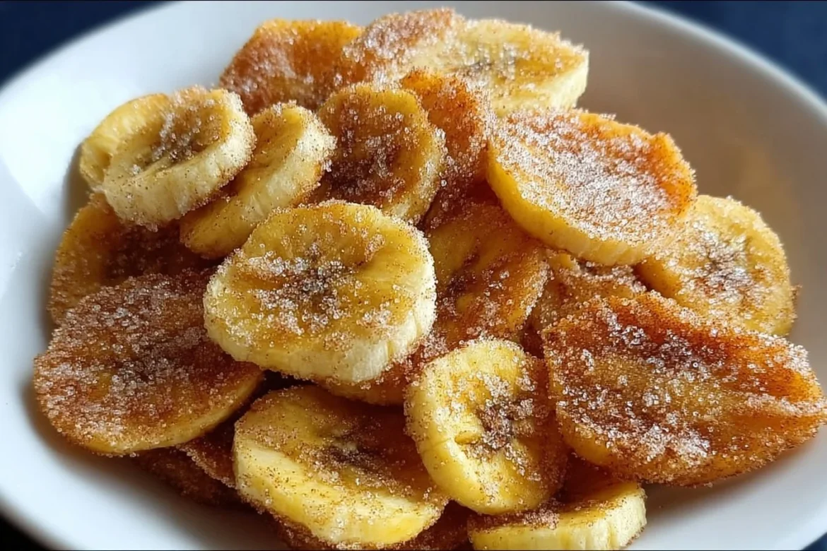 Cinnamon-sugar air fryer banana chips on a plate