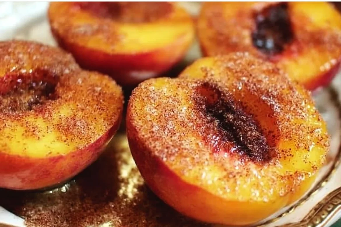 Delicious cinnamon sugar baked peaches served in a bowl