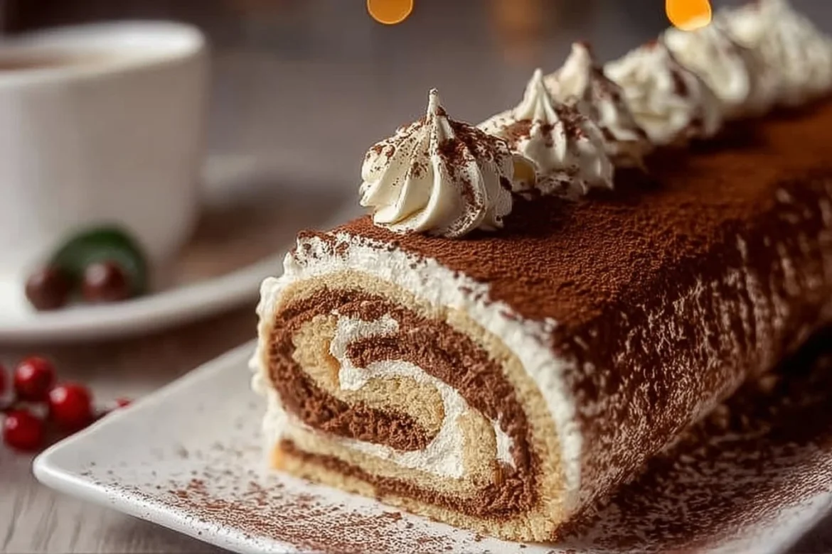 Classic Tiramisu Yule Log Cake decorated with cocoa and coffee essence