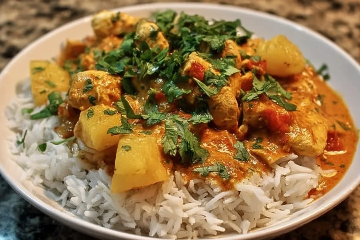 Coconut Pineapple Chicken Curry served in a bowl with fresh herbs