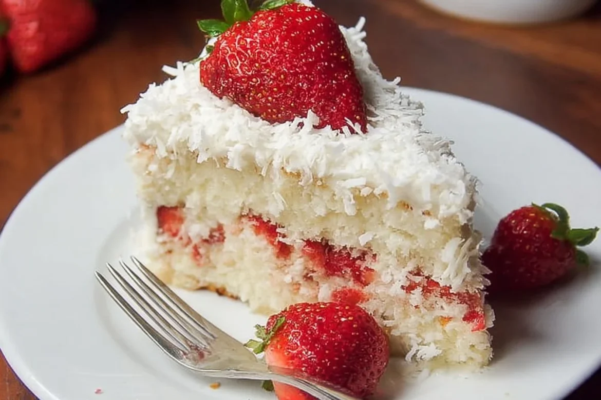 Delicious Coconut Strawberry Cake topped with fresh strawberries and coconut flakes.