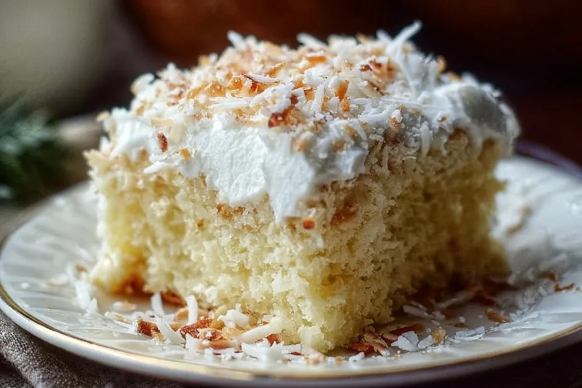 Delicious Coconut Tres Leches Cake topped with fresh coconut shavings and whipped cream.