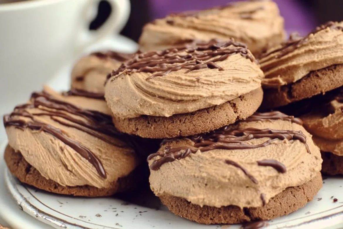 Delicious coffee cookies with mocha buttercream frosting on a plate