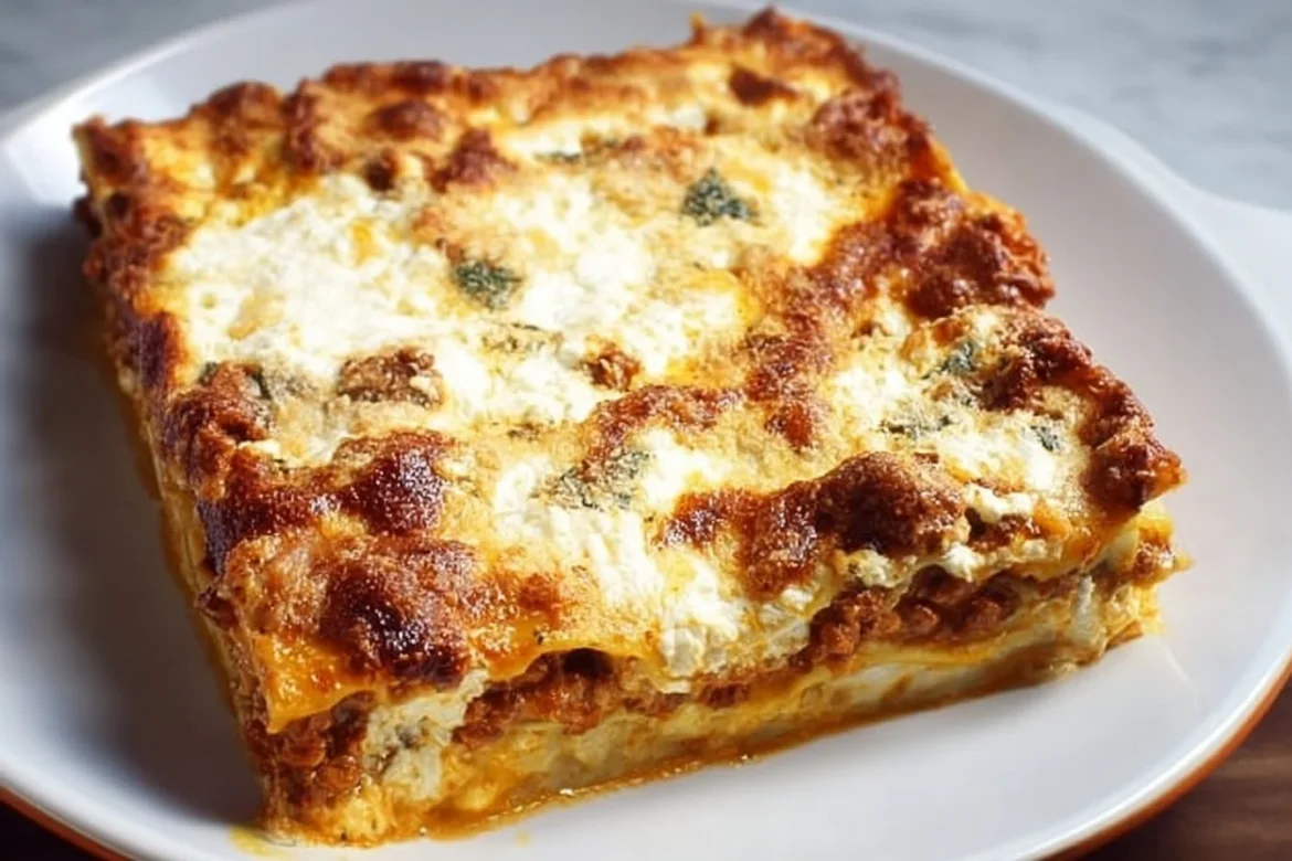 Delicious Cottage Cheese Lasagna layered with rich sauce and cheese