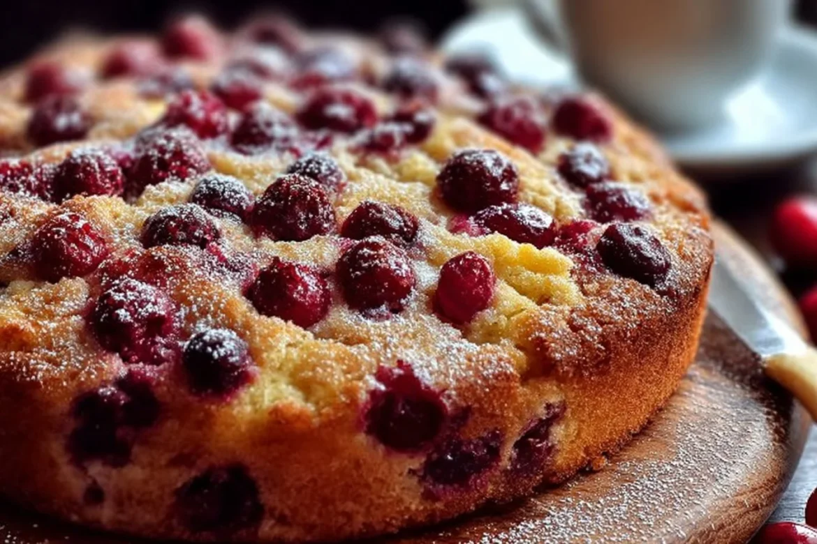 Cranberry Orange Breakfast Cake served on a plate with fresh cranberries.