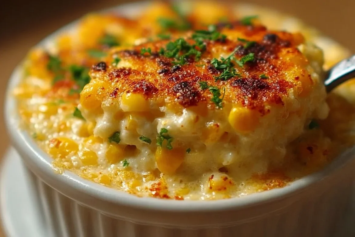 Cream cheese corn casserole dish served hot with a golden crust