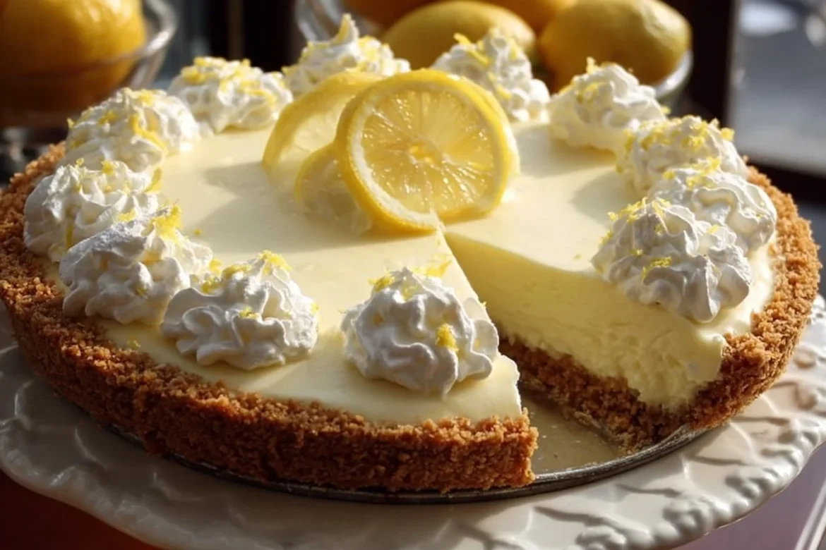 Slice of Cream Cheese Lemonade Pie decorated with lemon slices and whipped cream