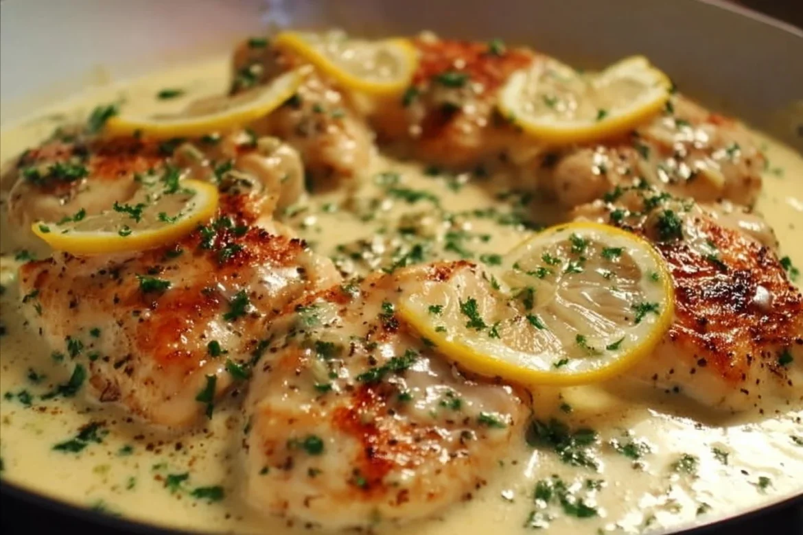 Delicious creamy butter lemon chicken served with herbs and lemon slices