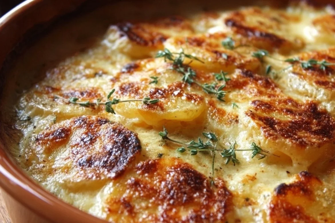 Creamy cheesy scalloped potatoes in a baking dish, golden and bubbling.