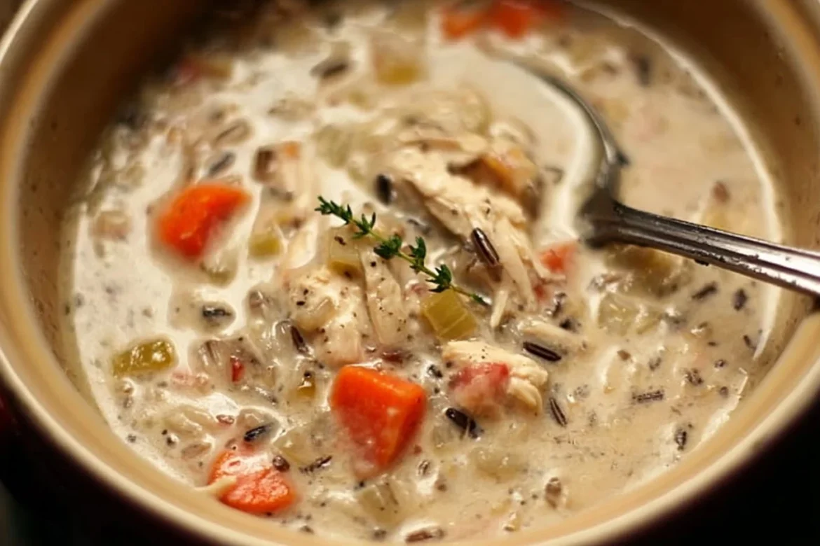 Creamy crockpot chicken wild rice soup in a bowl garnished with herbs