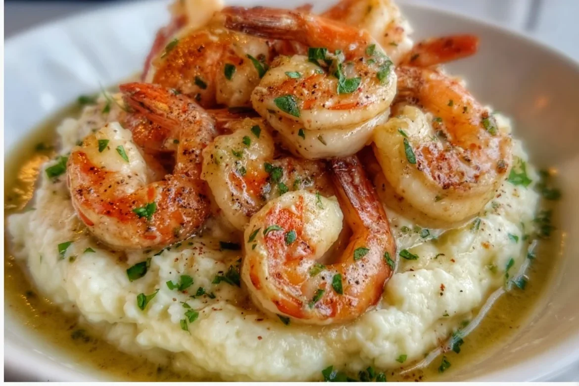 Creamy garlic shrimp served over fluffy mashed potatoes in a bowl