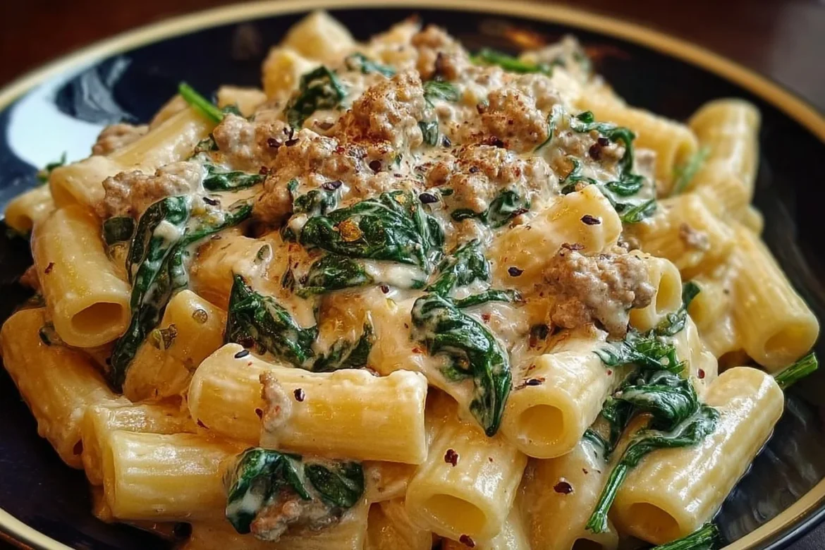 Creamy ground turkey spinach pasta dish served in a bowl
