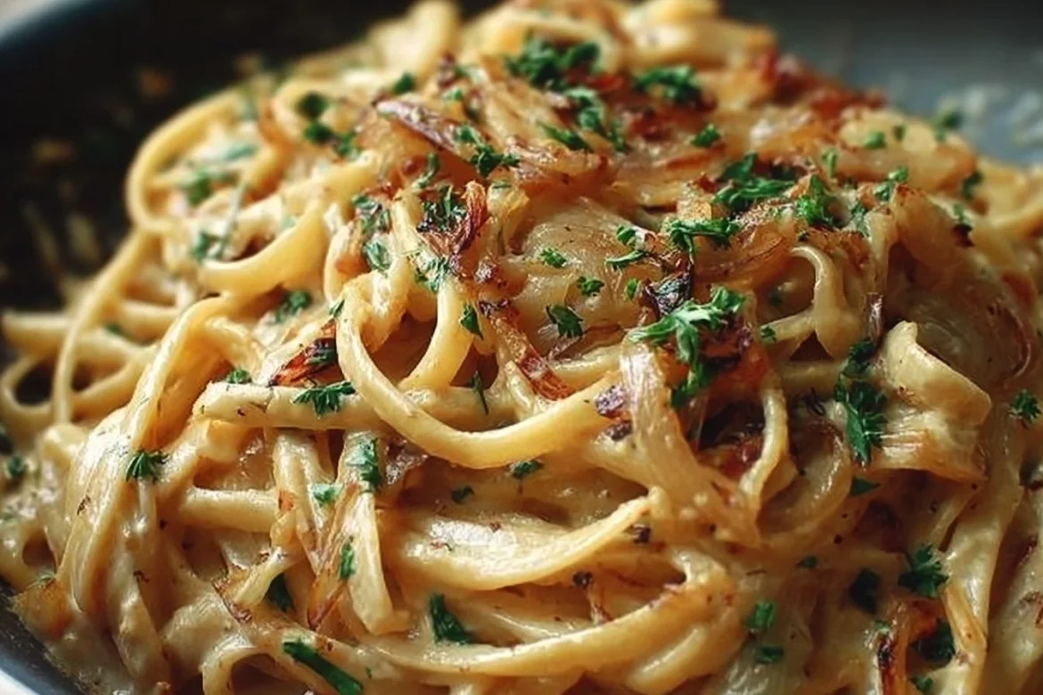 Creamy vegan caramelized onion pasta garnished with fresh herbs.