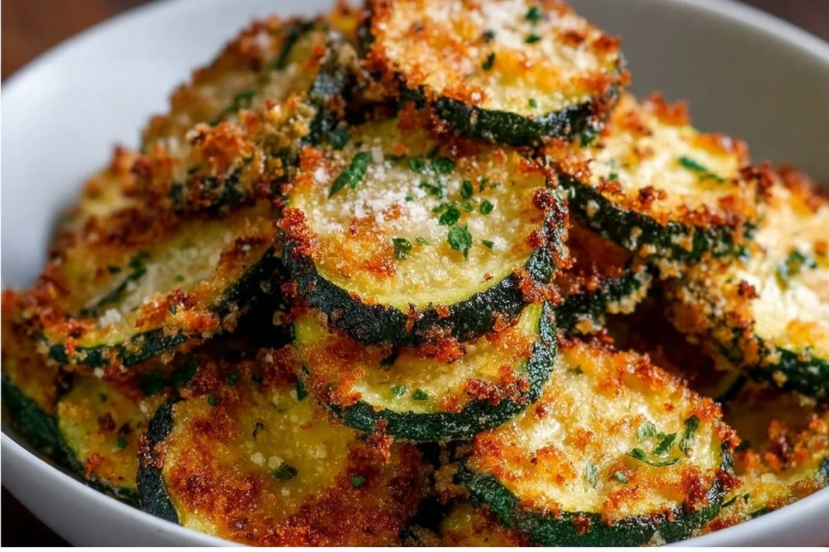 Crispy air fryer zucchini chips sprinkled with parmesan cheese