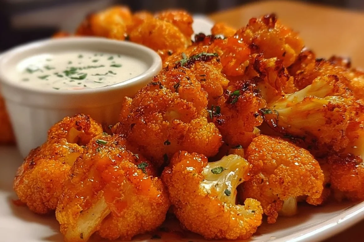 Crispy Buffalo Cauliflower Bites served with dipping sauce on a plate
