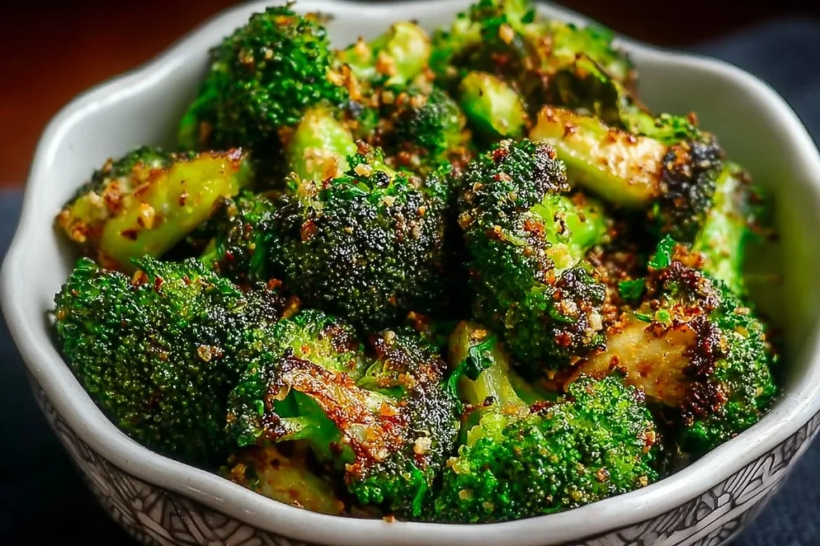 Crispy garlic broccoli cooked in an air fryer, garnished with seasoning.