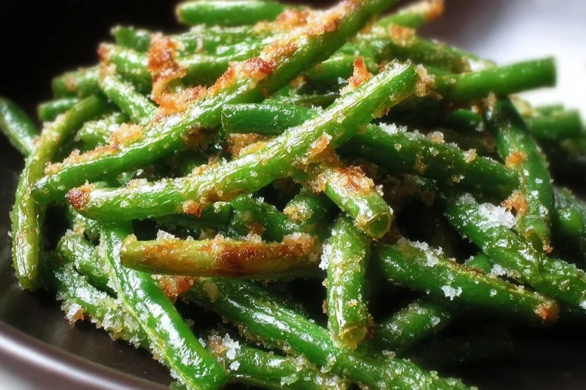 Crispy garlic parmesan green beans served on a plate with seasoning.