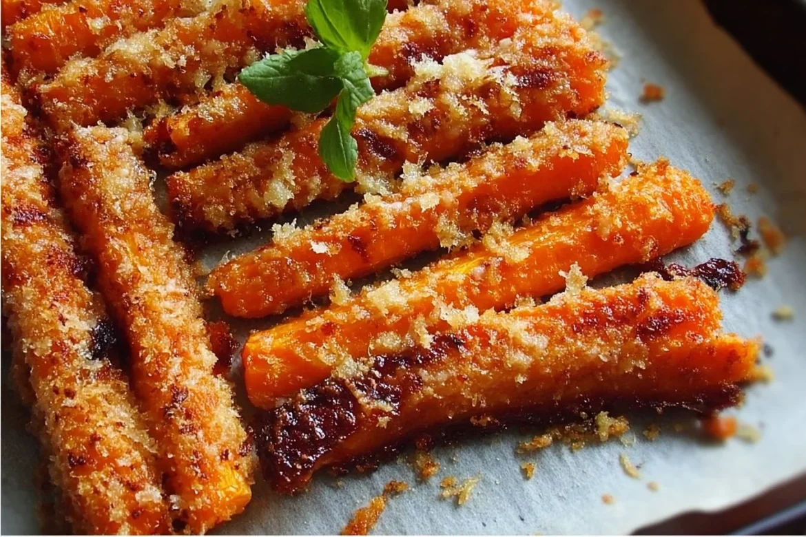 Crispy Parmesan carrots roasted to perfection, garnished with parsley.