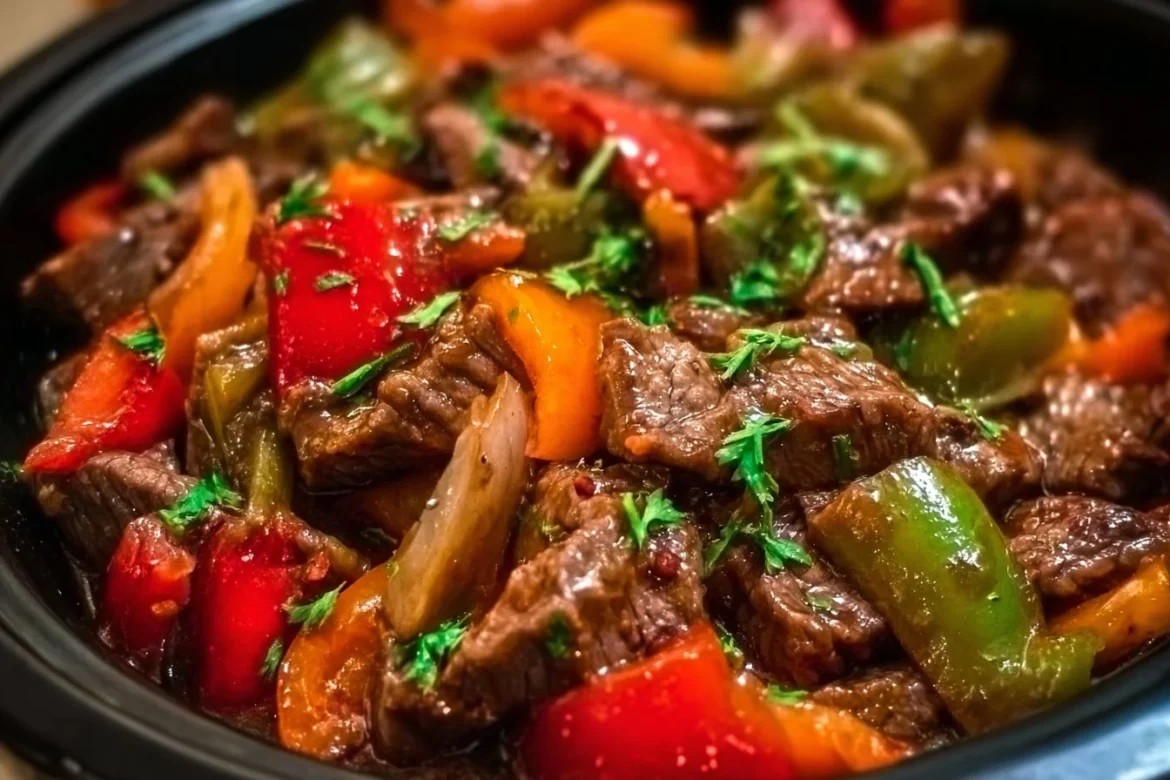 Delicious Crockpot Pepper Steak served with vegetables and rice