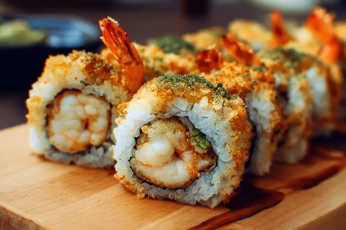 Crispy shrimp tempura sushi roll with fresh ingredients
